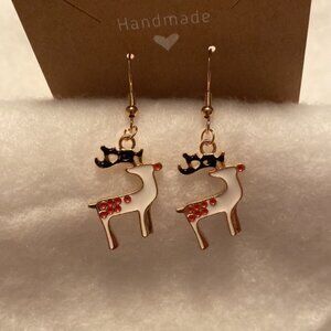 White Reindeer with Black Antlers Christmas Dangle Earrings